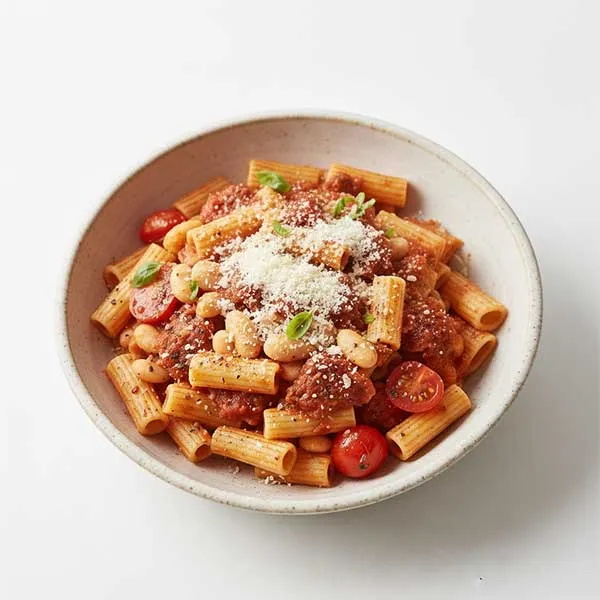 Mediterranean White Bean and Tomato Pasta with Arugula